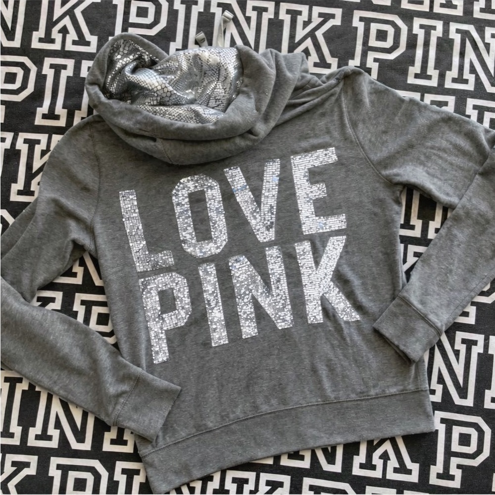 Y2K LOVE PINK VS Full zip hoodie‎ silver sequin Embellished metallic snake Print
